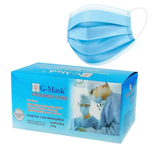 A box of 50 G-Mask disposable 3-ply surgical face masks with a blue band, designed for medical use.