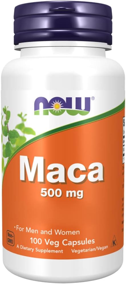 Now Foods Maca 500 mg, 100 vegan capsules of Maca root (Lepidium meyenii) for dietary supplementation.