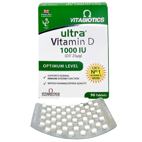 Vitabiotics Ultra Vitamin D 1000 IU tablets, 96 count, for dietary supplementation of vitamin D.