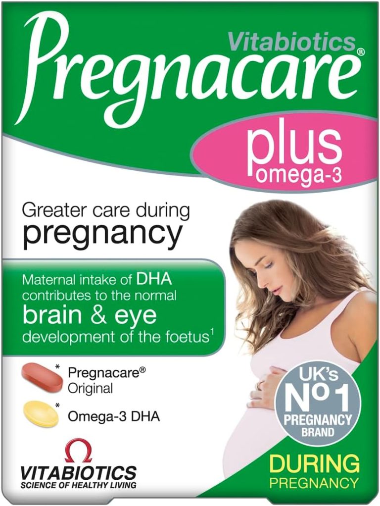 Vitabiotics Pregnacare Plus Omega 3 supplement for enhanced care during pregnancy, featuring omega-3 fatty acids.