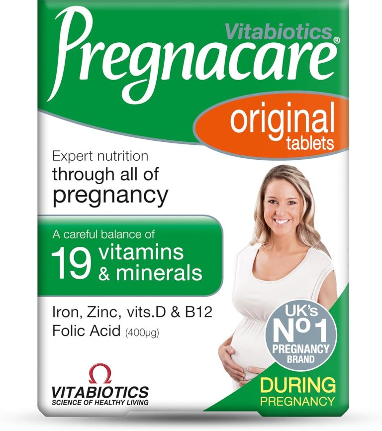 Pregnant women holding Vitabiotics Pregnacare Original 30 Tablets, emphasizing prenatal vitamin intake for health.