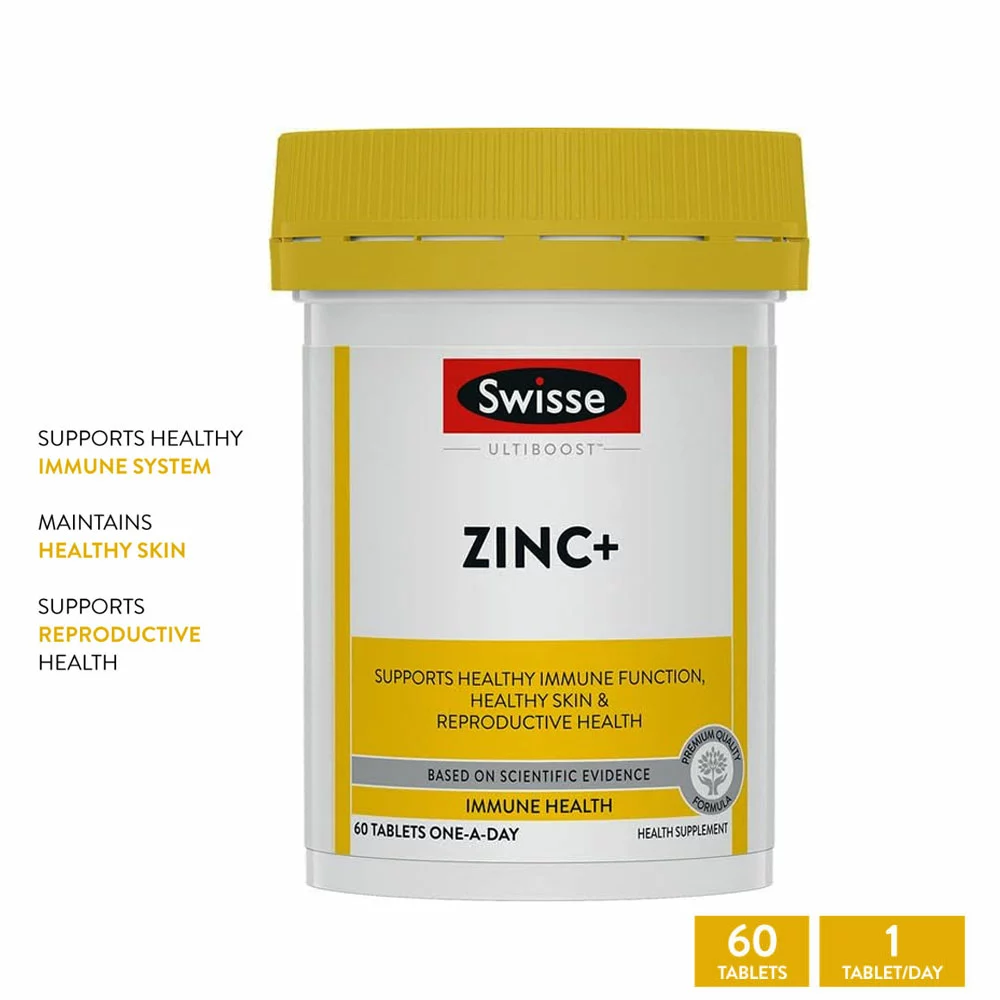 214 Swisse Ultiboost Zinc+ 25 mg supplement, 60 tablets, designed to support immune health and overall well-being.