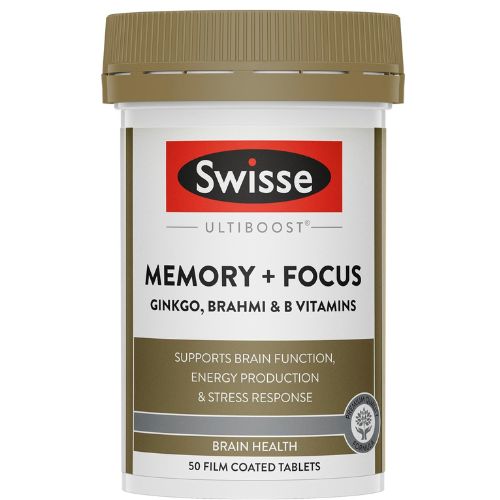 Swisse Ultiboost Memory & Focus 50 Tablets featuring ginkgo, bromelain, and vitamins B6 and B12 for cognitive support.