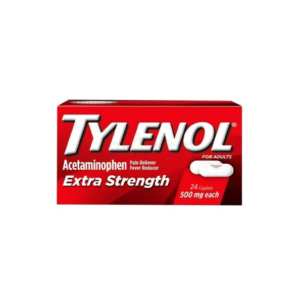 Tylenol Extra Strength caplets, 500 mg acetaminophen, 24 count package for pain relief.