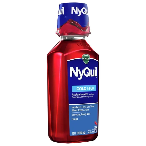 Vicks NyQuil Cold & Flu liquid, 354 ml bottle, used for relieving cold and flu symptoms.