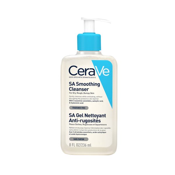CeraVe SA Smoothing Cleanser for normal to dry skin, 236ml bottle, designed to smooth rough skin texture.