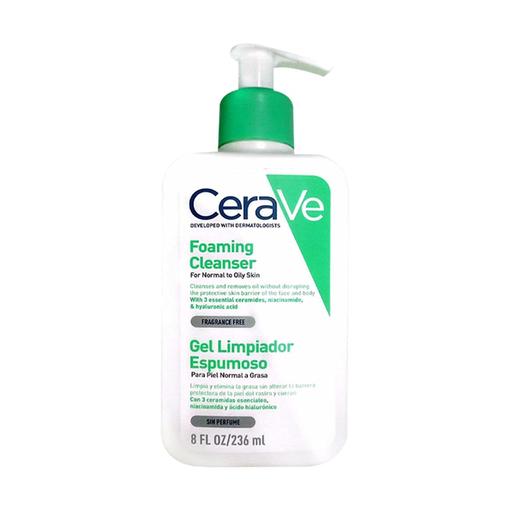 239. 236 ML bottle of Cerave Foaming Cleanser, designed for normal to oily skin, with a gel texture and lanolin ingredient.