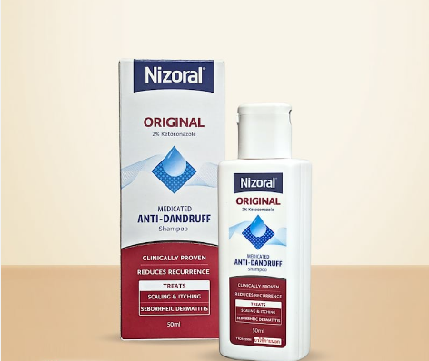 Nizoral Original 50ml anti-dandruff shampoo bottle with 2% ketoconazole for effective dandruff treatment.