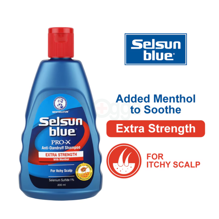 Selsun Blue Pro X Extra Strength Anti-Dandruff Shampoo, 200ml bottle, featuring a blue label and sleek design.