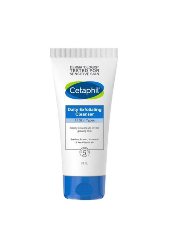 Cetaphil Daily Exfoliating Cleanser, 178ml, suitable for all skin types, in a clear bottle with a pump dispenser.