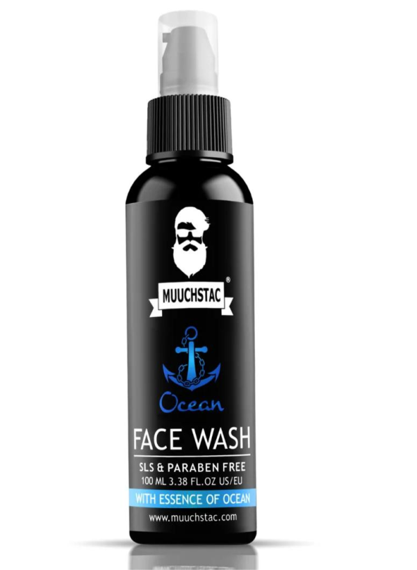 A 100ml bottle of Muuchstac Ocean Face Wash featuring an anchor design on the label.