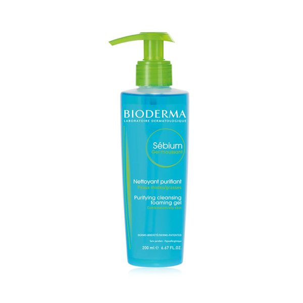 Bioderma Sebium Gel Moussant, a 200 ML purifying foaming gel for cleansing and refreshing the skin.