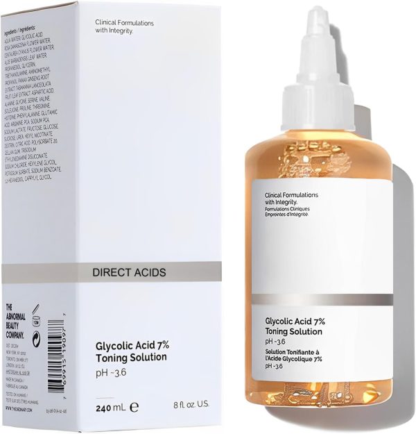 The Ordinary Glycolic Acid 7% Exfoliating Toner, 240ml bottle, designed for hydrating and exfoliating skin.