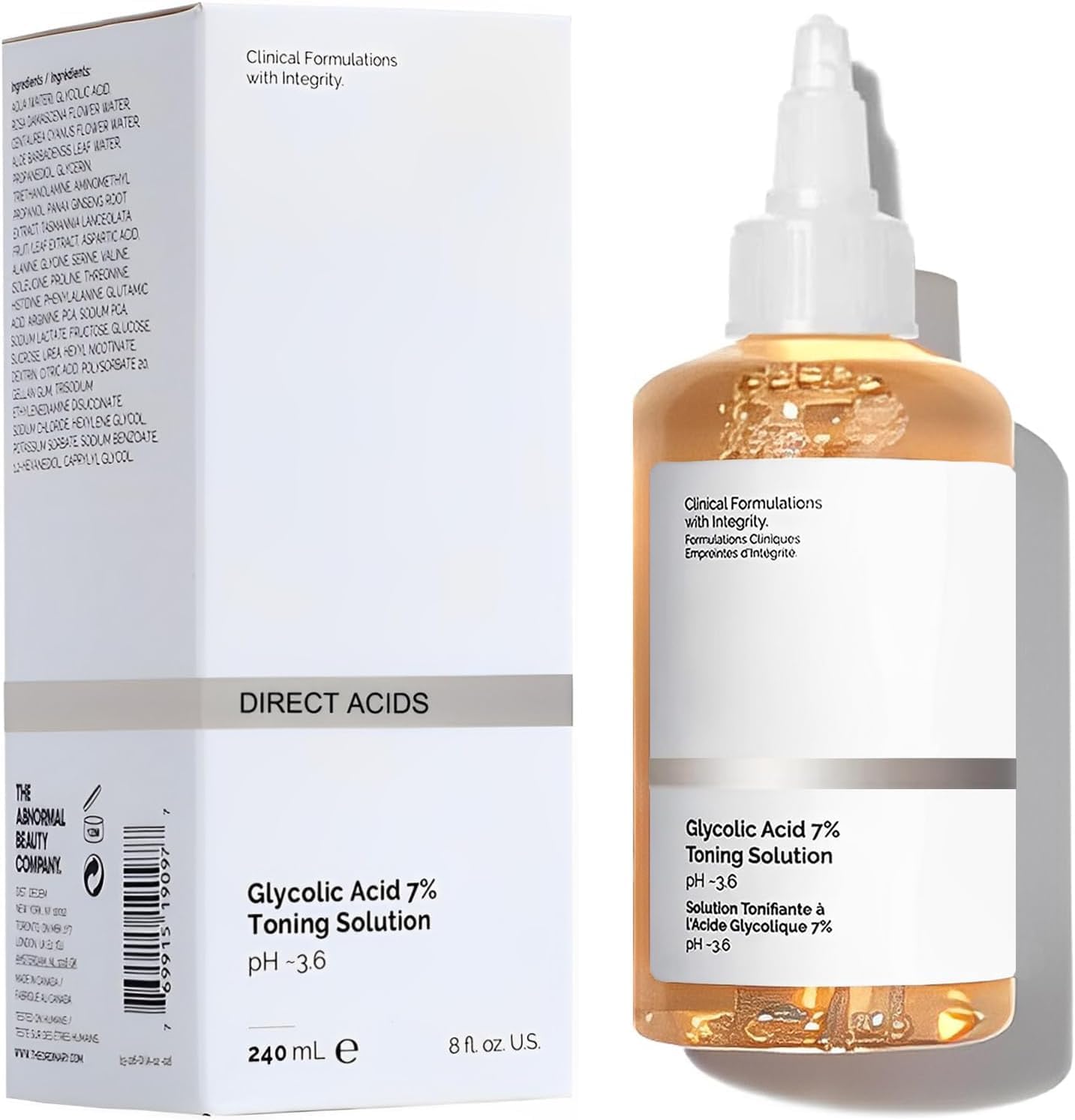 268 The Ordinary Glycolic Acid 7% Exfoliating Toner, 240ml bottle, designed for hydrating and exfoliating skin.