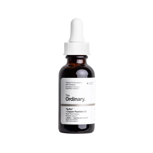 The Ordinary Multi-Peptide + Copper Peptides 1% Serum in a 30ml bottle, designed for skin rejuvenation and hydration.