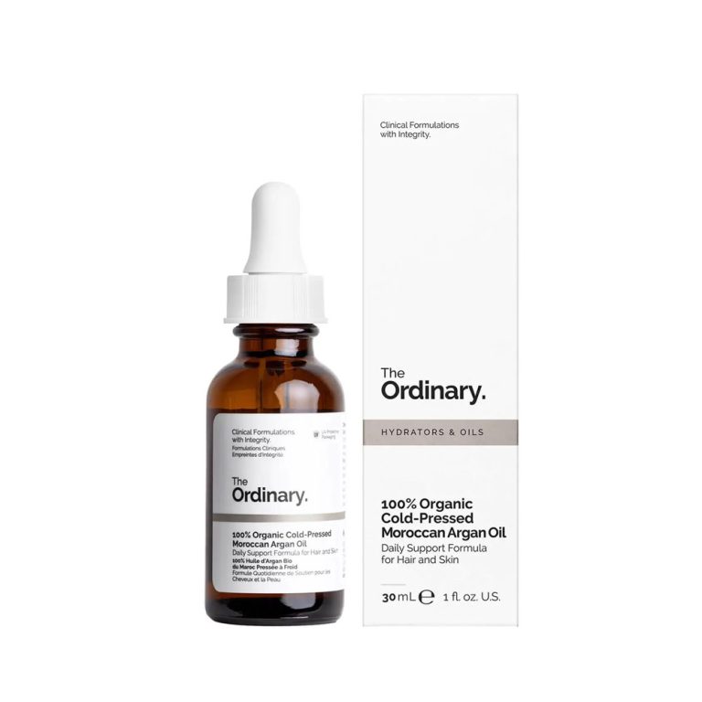 The Ordinary 10ml bottle of 100% Organic Cold-Pressed Moroccan Argan Oil, showcasing its sleek design and label.
