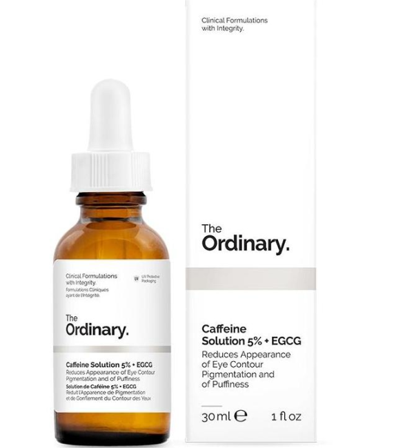 The Ordinary Caffeine Solution 5% + EGCG 30ml bottle, designed to reduce puffiness and dark circles under the eyes.