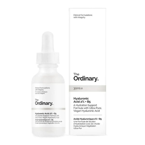 The Ordinary Hyaluronic Acid 2% + B5 serum in a 30ml bottle, designed for hydration and skin moisture retention.
