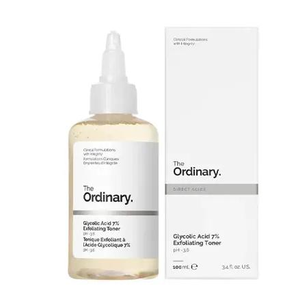 The Ordinary Glycolic Acid 7% Exfoliating Toner, 100ml bottle, designed for hydrating and exfoliating skin.