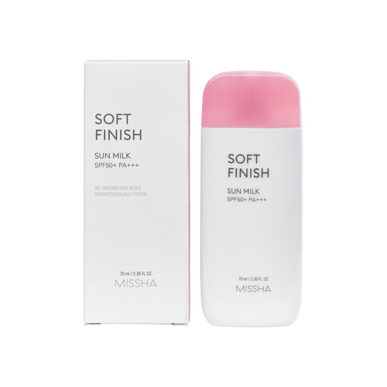 Missha All Around Safe Block Soft Finish Sun Milk SPF50+, 200ml bottle with a sleek design and sun protection benefits.