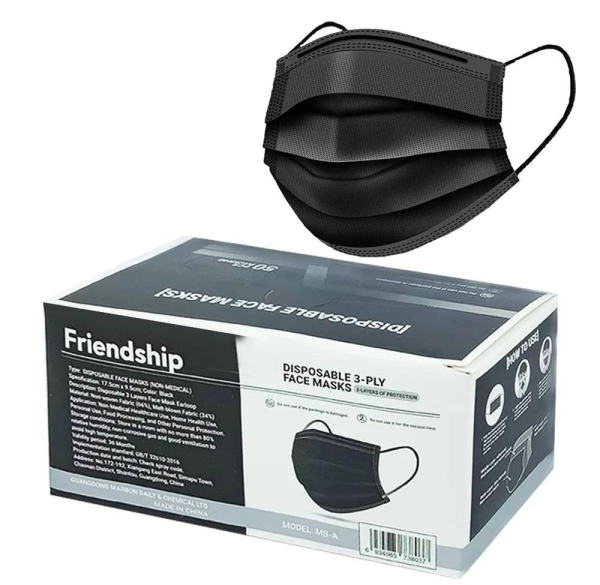 A black 3-ply face mask from an open box labeled "Friendship Meltblown," containing 50 masks.