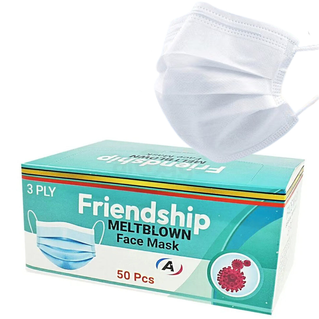 4 (1) A box of 50 white 3-ply face masks labeled "Friendship" for promoting health and camaraderie.