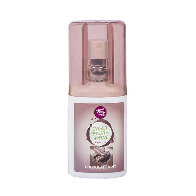 Rivaj UK Sweet Breath Spray (Chocolate Mint) 20ml" with a chocolate design on the packaging.