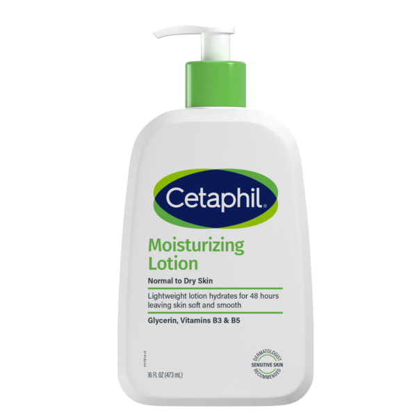 Cetaphil moisturizing lotion bottle for dry to normal sensitive skin, 591ml size, with a clean and simple design.