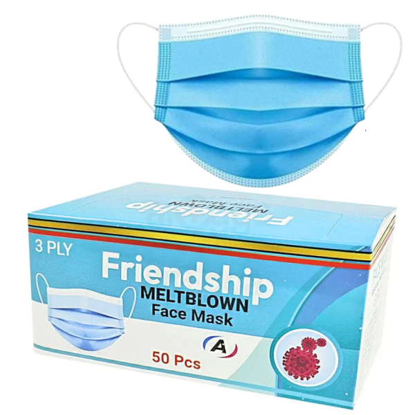 A box containing 50 Friendship Meltblown 3-ply face masks, designed for comfort and protection.