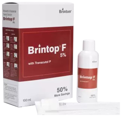Brintop F 5% topical solution for hair loss, containing Minoxidil and Finasteride, in a 100 ML bottle.