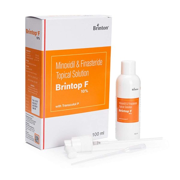 Brinton Minoxidil & Finasteride Topical Solution Brintop F 10%, 100 ML bottle with a white label and blue accents.