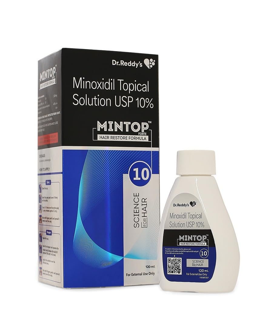 Version 1.0.0 Dr. Reddy's Minoxidil Topical Solution Mintop 10% in a 60 ML bottle for hair regrowth treatment.
