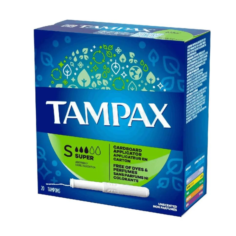 Tampax Super Tampons with cardboard applicator in a 20-piece pack, displayed in a colorful box.