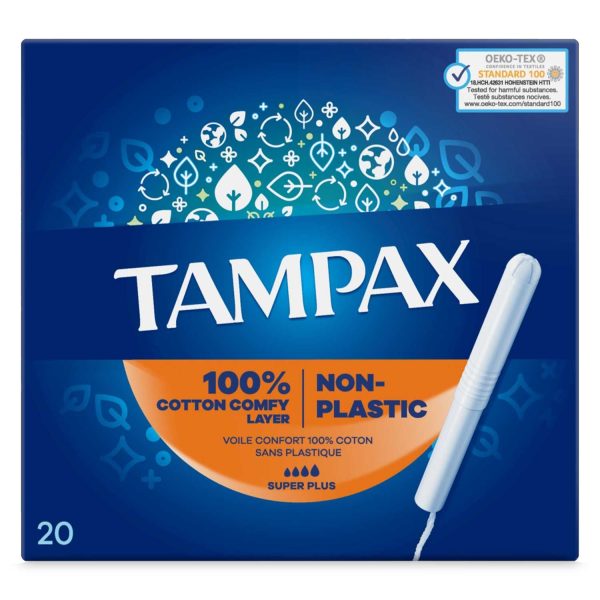 Tampax Pearl Super Plus Tampons in a box, featuring a cardboard applicator, containing 20 tampons.