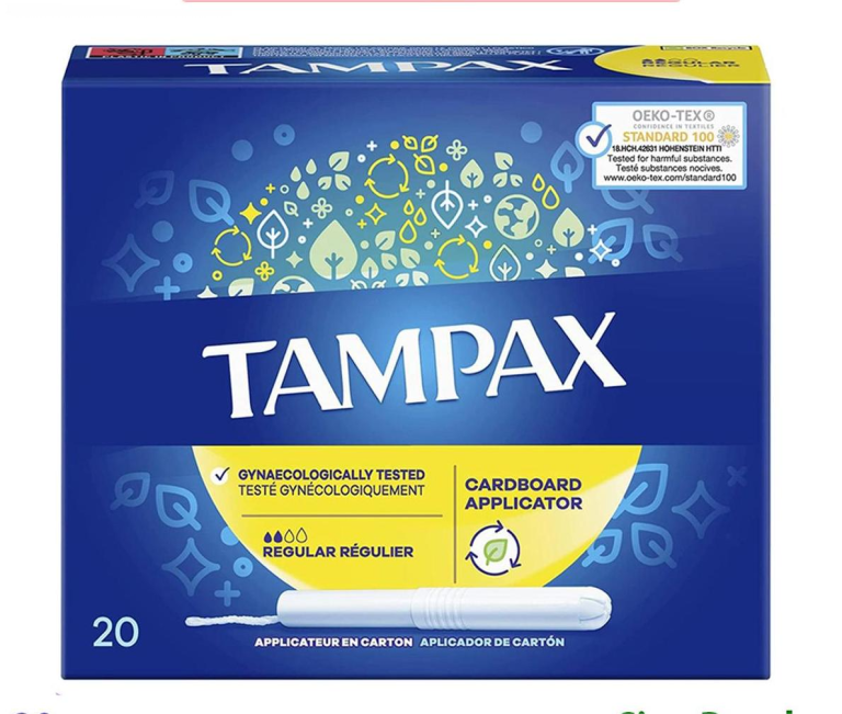 Tampax Pearl Regular tampons displayed with the box open, featuring a cardboard applicator and 20 tampons inside.