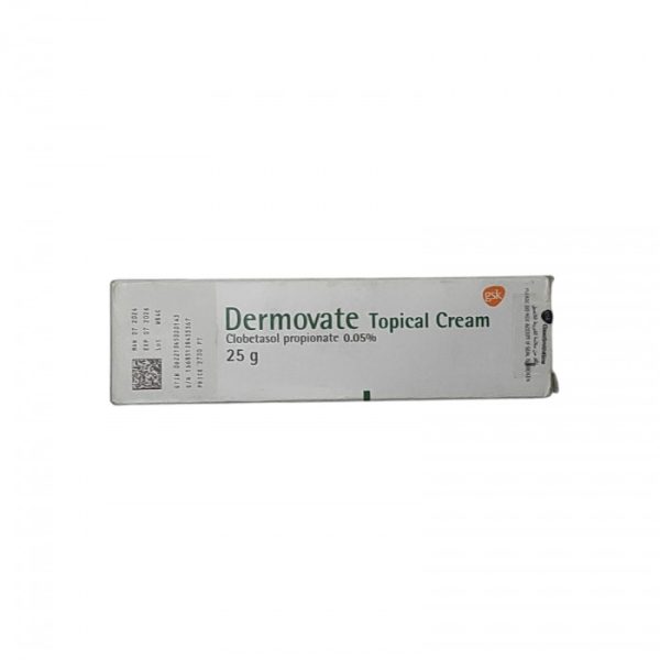 Dermo cream tube labeled "Dermovate 0.05% Cream 25g" on a white background.