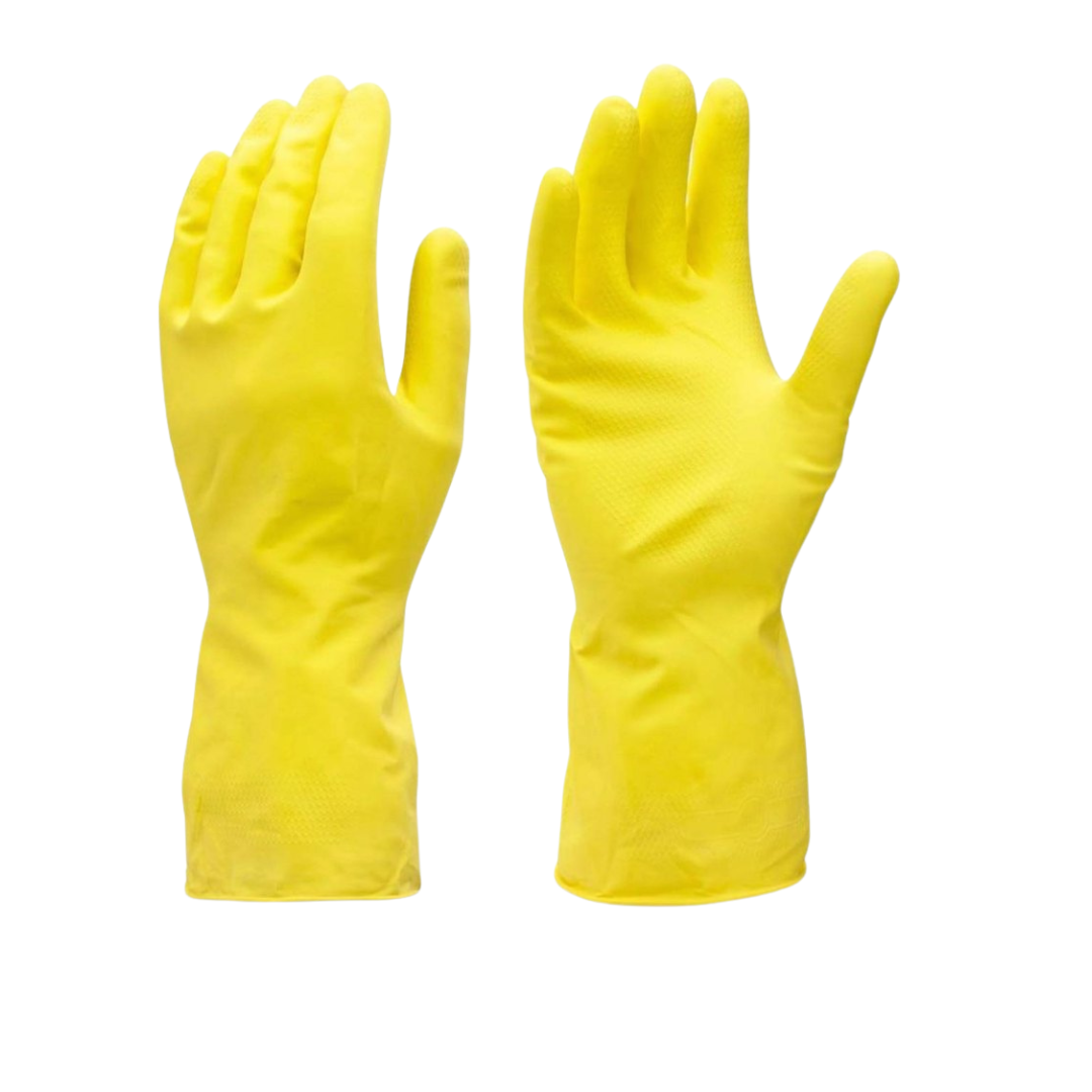 10 (1) Yellow rubber cleaning gloves, designed for kitchen use and multiple tasks, displayed as a pair.