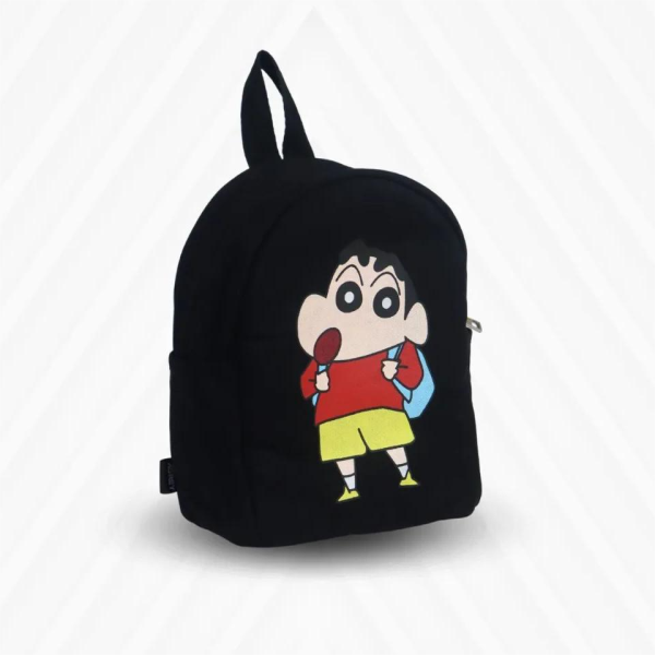 A black baby backpack featuring a colorful cartoon character design on the front.