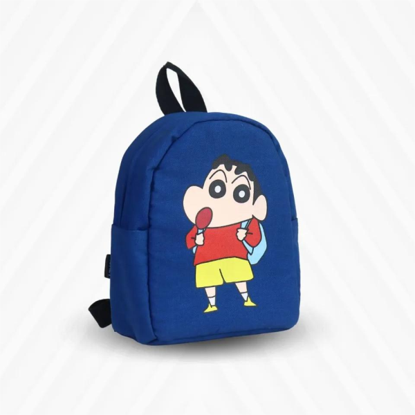 Blue baby backpack featuring a cartoon character design, ideal for young children.