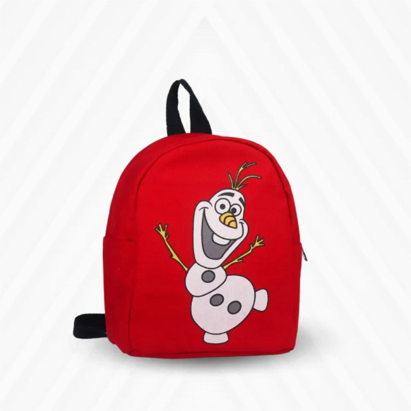 A red baby backpack featuring a colorful cartoon character design on the front.