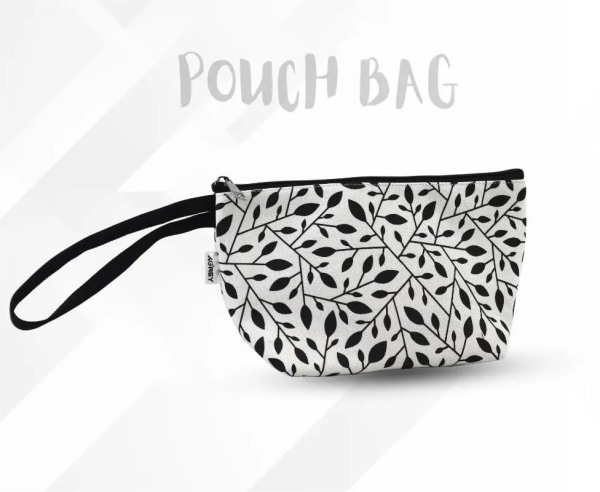 Pouch makeup bag featuring a design of black and white leaves on a stylish background.