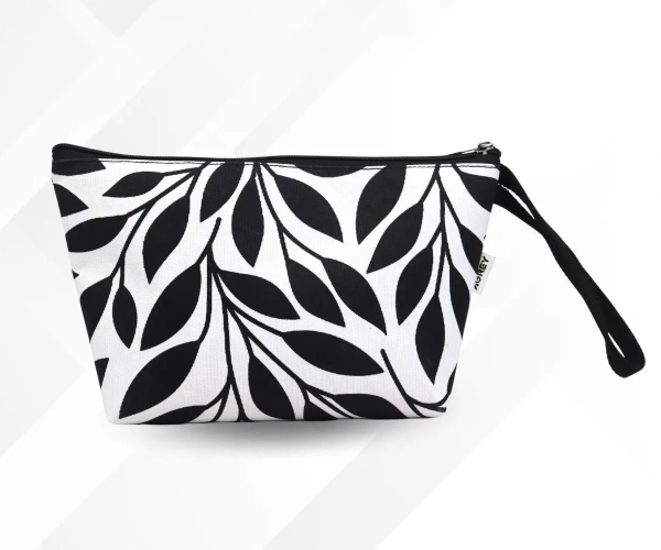 Pouch makeup bag featuring a design of black and white leaves on a stylish background.
