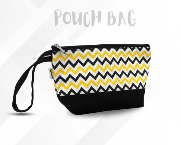 Black and yellow chevron patterned pouch bag designed for makeup storage.