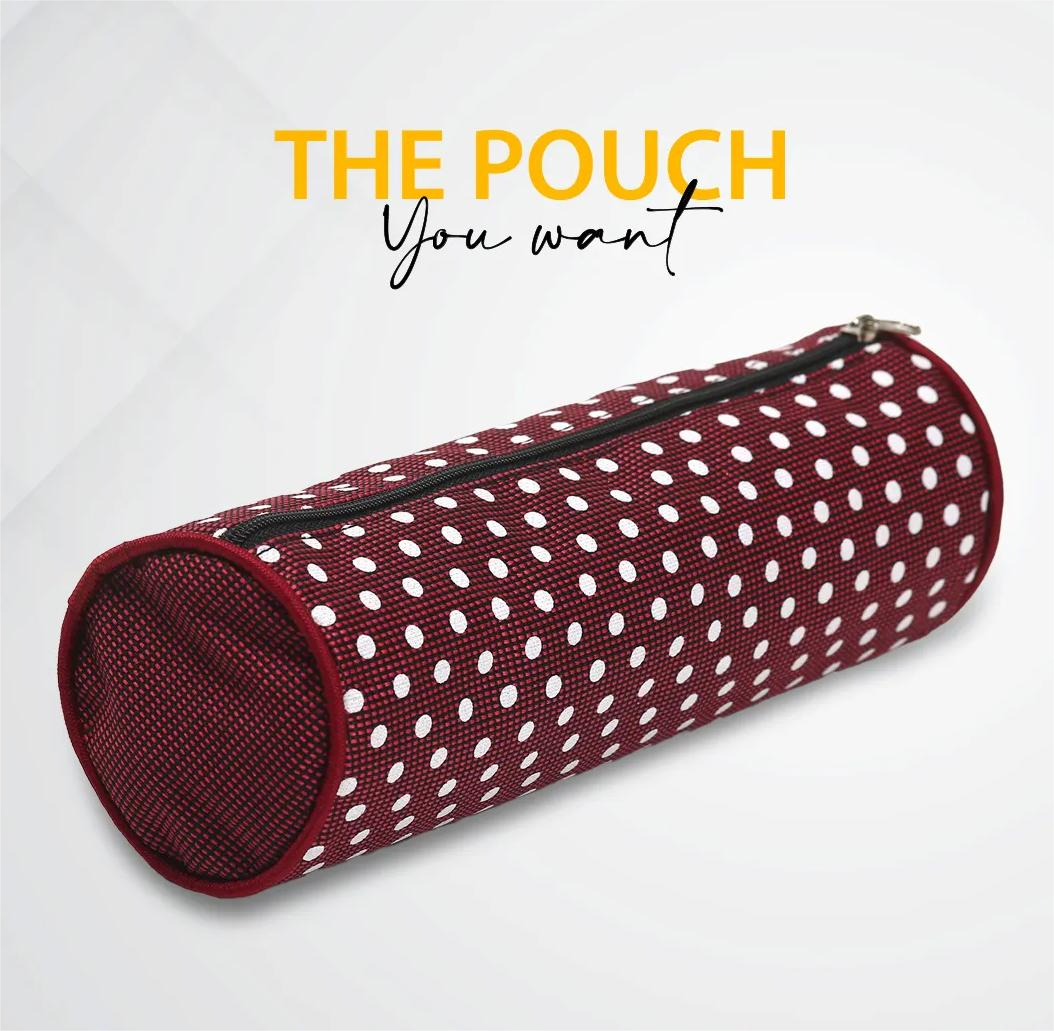 36 (1) Round maroon pouch bag displayed, showcasing its stylish design and compact size, ideal for carrying essentials.