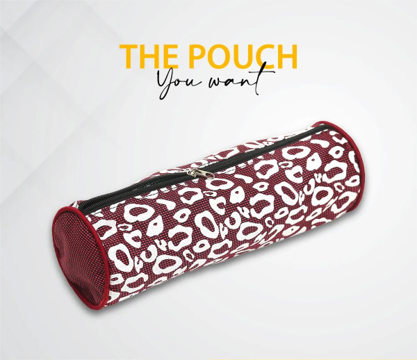Round maroon and white pouch bag, stylish and compact, perfect for carrying essentials.