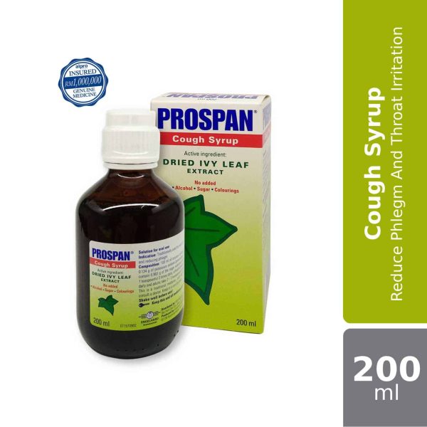 Prospan 100ml cough syrup bottle, designed to relieve congestion, with a label indicating 200ml total volume.