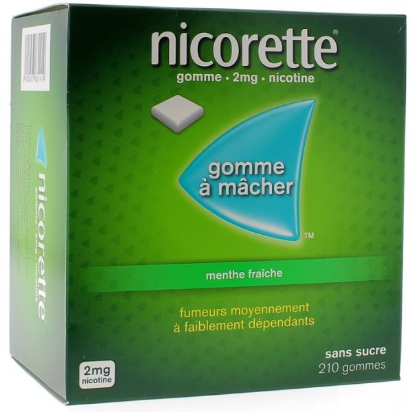Nicorette gum 2mg Fresh Mint, sugar-free, 210 pieces, designed to aid in smoking cessation.