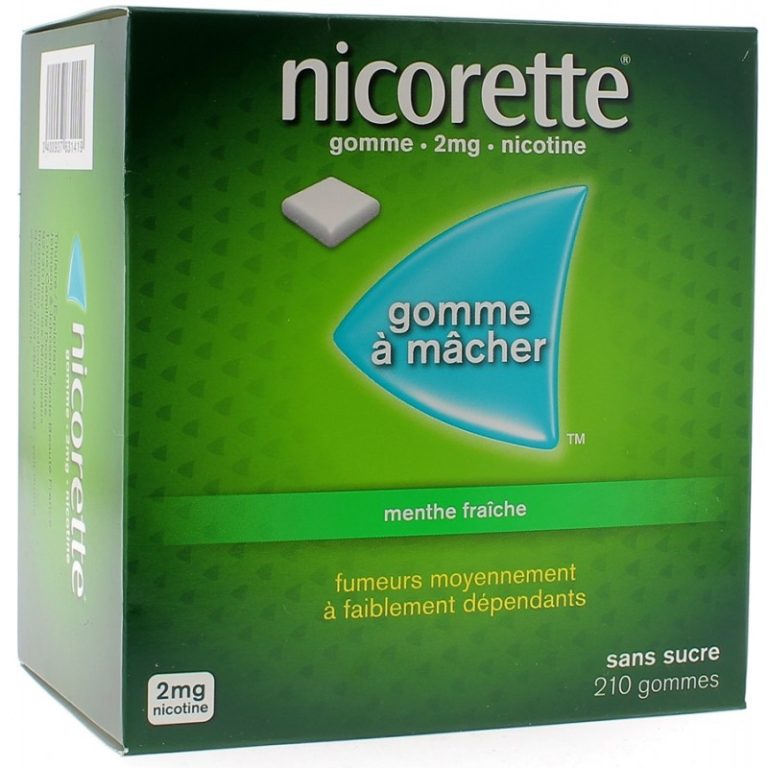 Nicorette gum 2mg Fresh Mint, sugar-free, 210 pieces, designed to aid in smoking cessation.