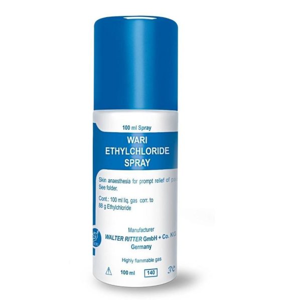 A bottle of Wari EthylChloride Pain Relief Spray (100ml) containing ethylhexylglycol on a white background.