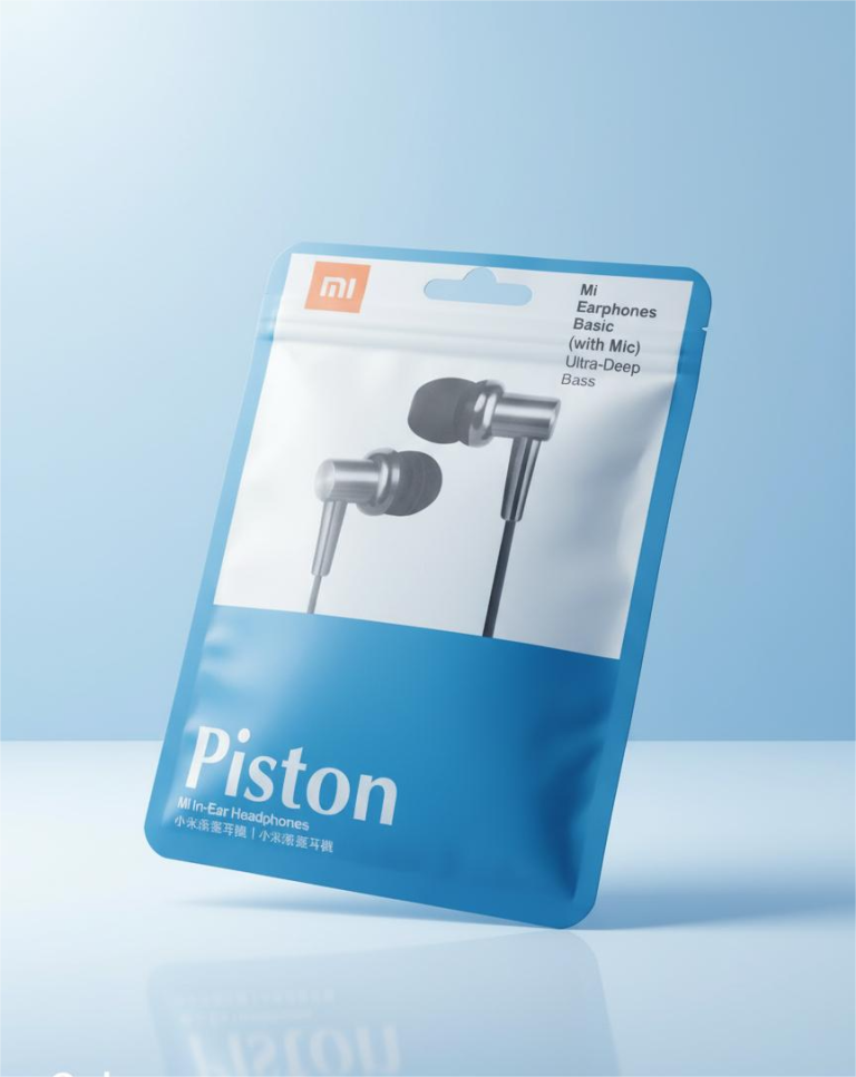 Earphones in packaging set on a vibrant blue background.